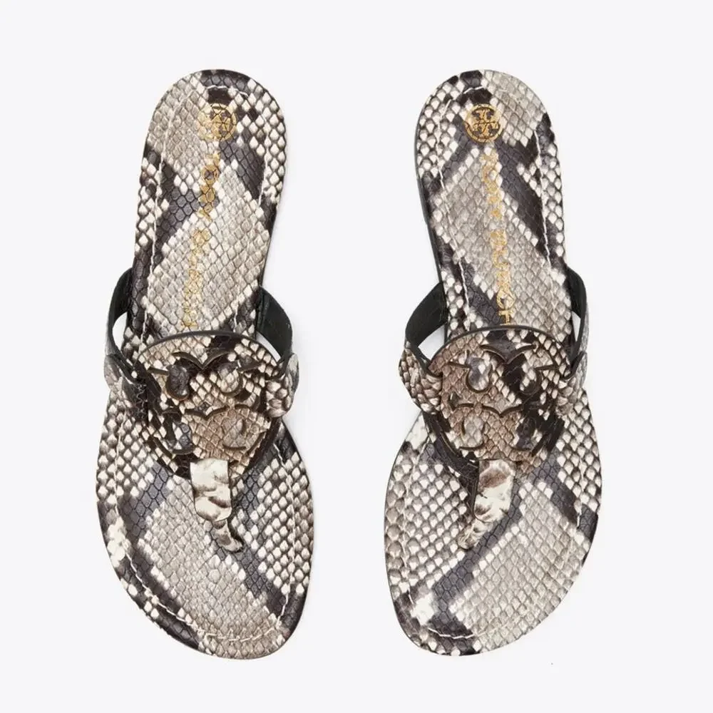 TORY BURCH Beige Black Roccia Snakeskin Leather Miller $258 Slides Sandals 7.5